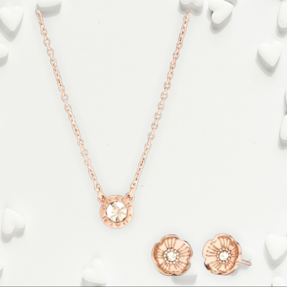 NEW Coach Open Circle Necklace & Tea Rose Stud Earrings  Style C6604 Rose Gold - Picture 10 of 12